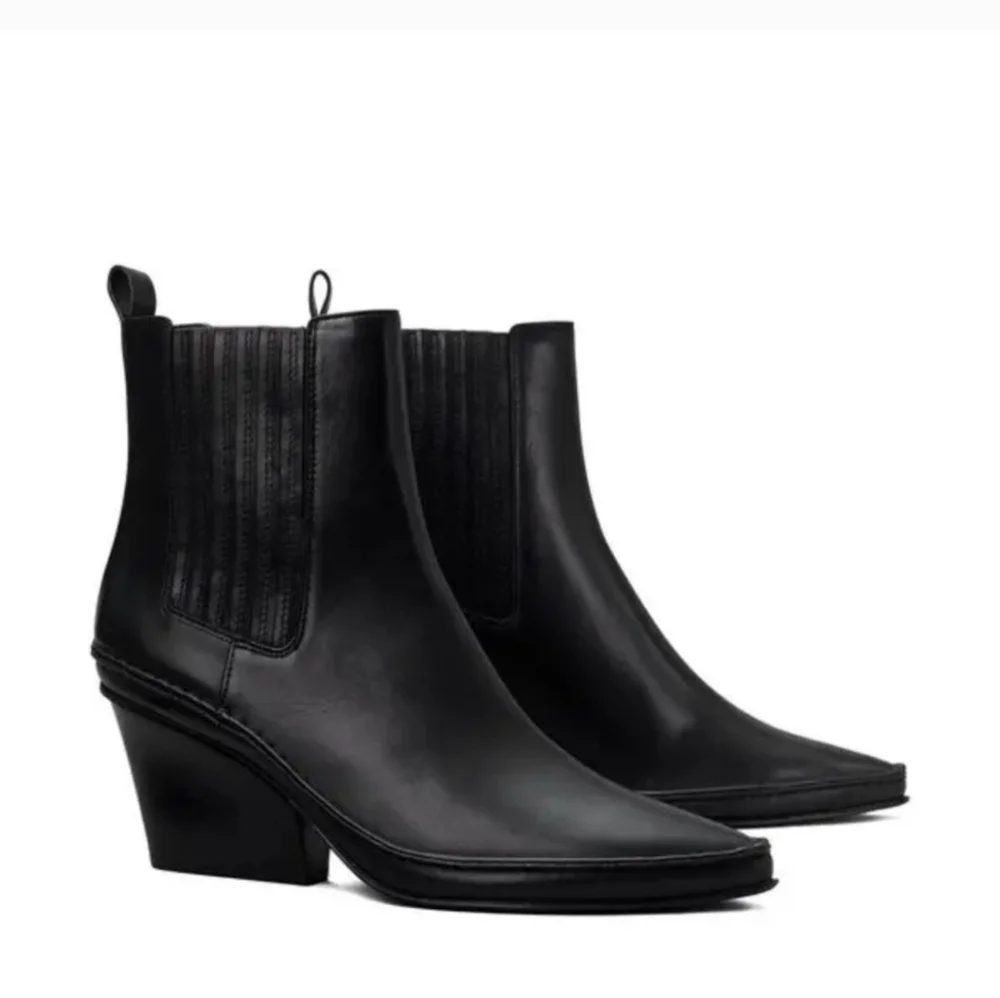 Tory Burch Women Lila Black Heeled Boots Angled Wedge Shoes Sz 8.5M